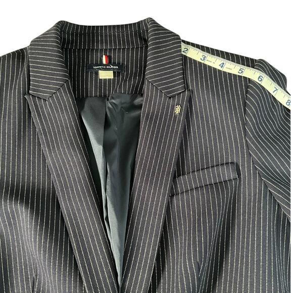 Tommy Hilfiger Women's Navy Pinstripe Blazer Size 10 Single Button Elbow Patches - Picture 9 of 12